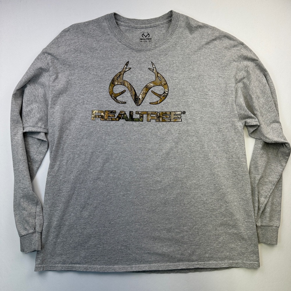 Realtree Camo Logo Long Sleeve T-Shirt Men's Gray 2XL Deer Hunting Outdoors‎